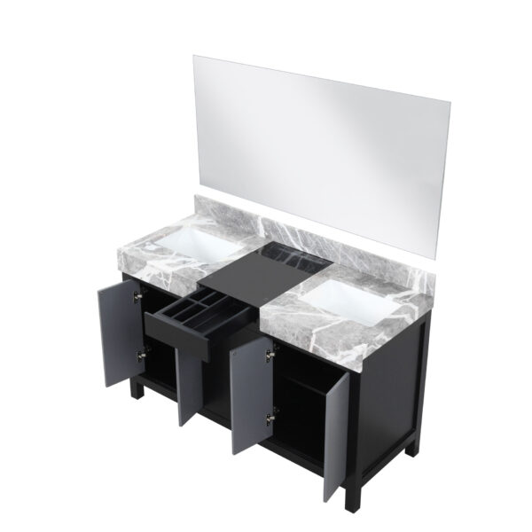 Zilara 55W x 22D Black and Grey Double Bath Vanity, Castle Grey Marble Top and 53Mirror