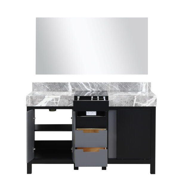 Zilara 55W x 22D Black and Grey Double Bath Vanity, Castle Grey Marble Top and 53Mirror