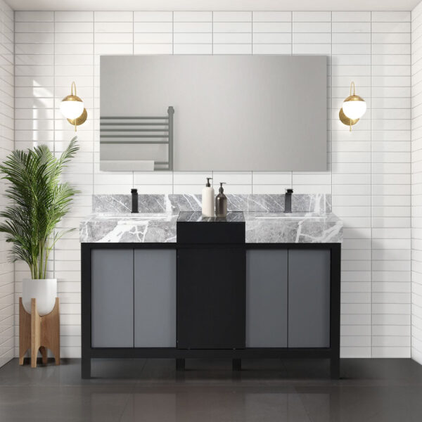 Zilara 55W x 22D Black and Grey Double Bath Vanity, Castle Grey Marble Top and Gun Metal Faucet Set