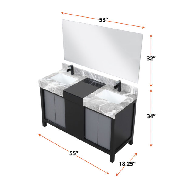 Zilara 55W x 22D Black and Grey Double Bath Vanity, Castle Grey Marble Top, Matte Black Faucet Set and 53Mirror