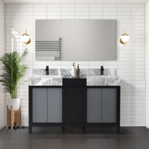 Zilara 55W x 22D Black and Grey Double Bath Vanity, Castle Grey Marble Top and Matte Black Faucet Set