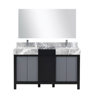 Zilara 55W x 22D Black and Grey Double Bath Vanity, Castle Grey Marble Top, Chrome Faucet Set and 53Mirror