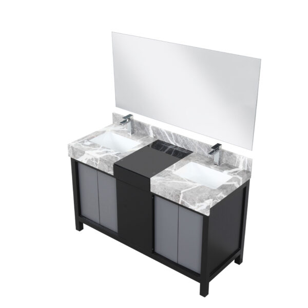 Zilara 55W x 22D Black and Grey Double Bath Vanity, Castle Grey Marble Top, Chrome Faucet Set and 53Mirror