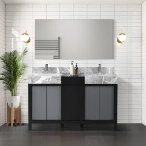 Zilara 55W x 22D Black and Grey Double Bath Vanity, Castle Grey Marble Top and Chrome Faucet Set