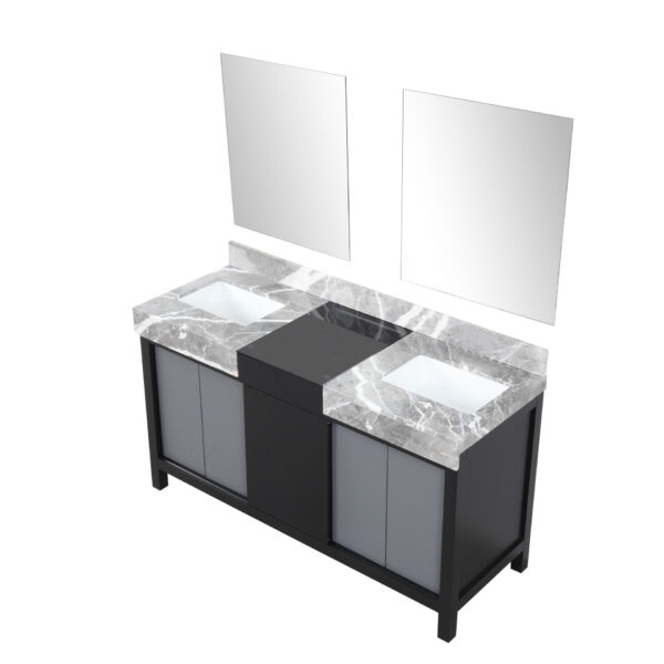 Zilara 60W x 22D Black and Grey Double Bath Vanity, Castle Grey Marble Top and 28Mirrors