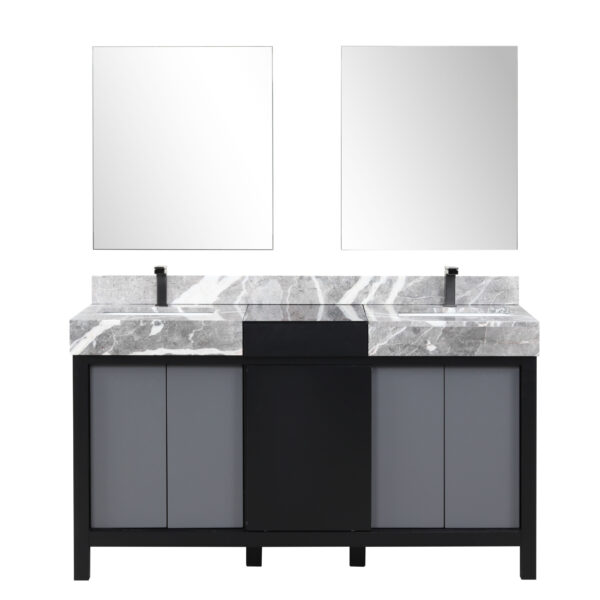 Zilara 60W x 22D Black and Grey Double Bath Vanity, Castle Grey Marble Top, Gun Metal Faucet Set and 28Mirrors