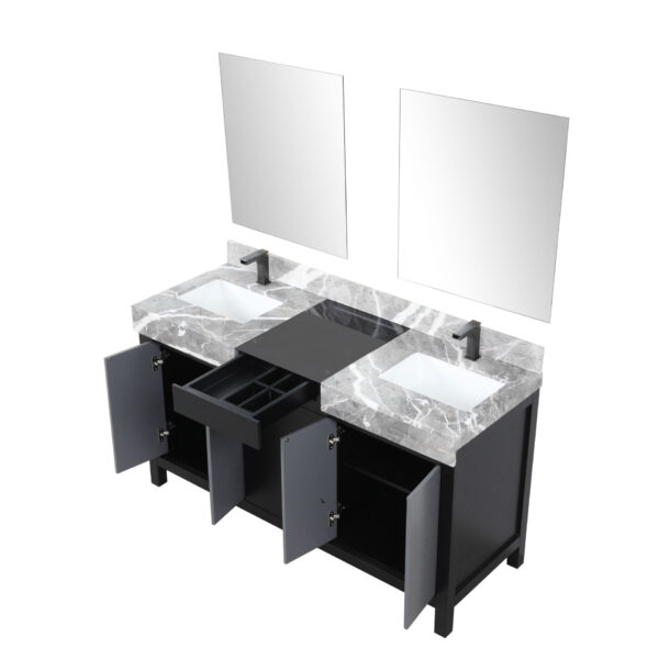 Zilara 60W x 22D Black and Grey Double Bath Vanity, Castle Grey Marble Top, Gun Metal Faucet Set and 28Mirrors