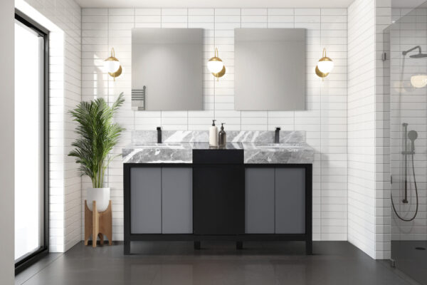 Zilara 60W x 22D Black and Grey Double Bath Vanity, Castle Grey Marble Top and Gun Metal Faucet Set