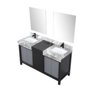 Zilara 60W x 22D Black and Grey Double Bath Vanity, Castle Grey Marble Top, Matte Black Faucet Set and 28Mirrors