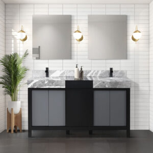 Zilara 60W x 22D Black and Grey Double Bath Vanity, Castle Grey Marble Top and Matte Black Faucet Set