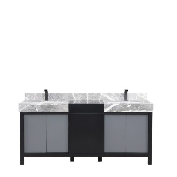 Zilara 72W x 22D Black and Grey Double Bath Vanity, Castle Grey Marble Top and Gun Metal Faucet Set