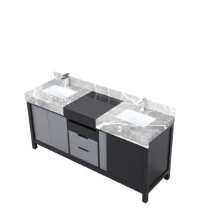 Zilara 72W x 22D Black and Grey Double Bath Vanity, Castle Grey Marble Top and Chrome Faucet Set