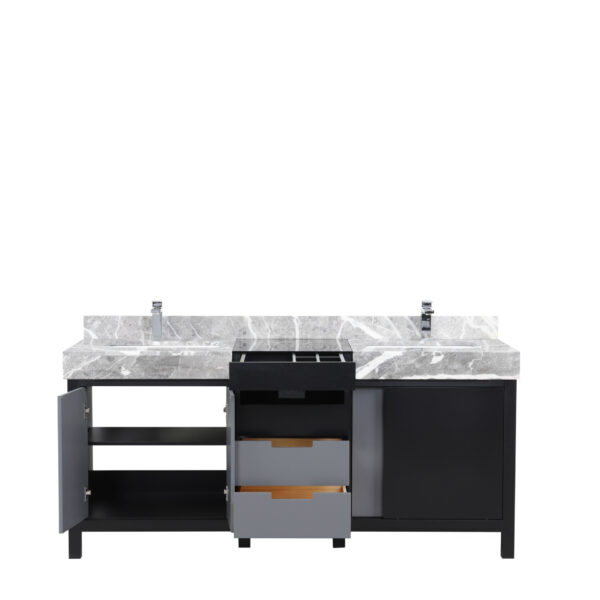 Zilara 72W x 22D Black and Grey Double Bath Vanity, Castle Grey Marble Top and Chrome Faucet Set