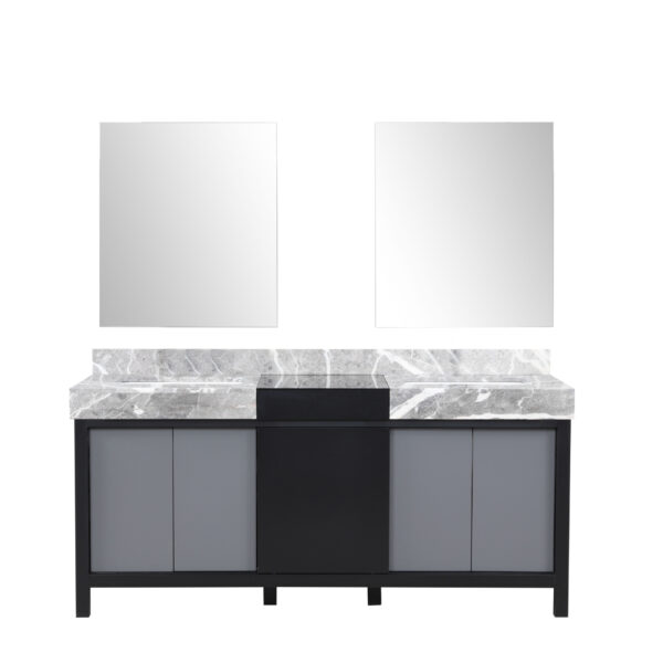 Zilara 72W x 22D Black and Grey Double Bath Vanity, Castle Grey Marble Top and 28Mirrors