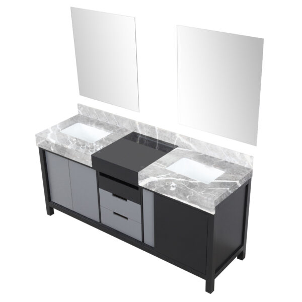 Zilara 72W x 22D Black and Grey Double Bath Vanity, Castle Grey Marble Top and 28Mirrors