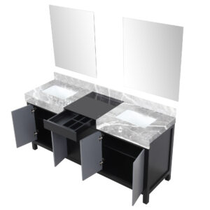 Zilara 72W x 22D Black and Grey Double Bath Vanity, Castle Grey Marble Top and 28Mirrors