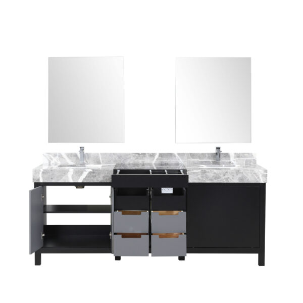 Zilara 80W x 22D Black and Grey Double Bath Vanity, Castle Grey Marble Top and 30Mirrors