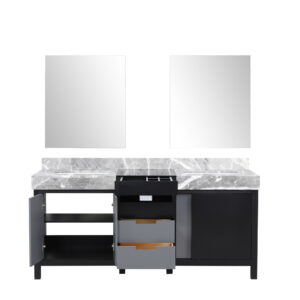 Zilara 72W x 22D Black and Grey Double Bath Vanity, Castle Grey Marble Top and 28Mirrors