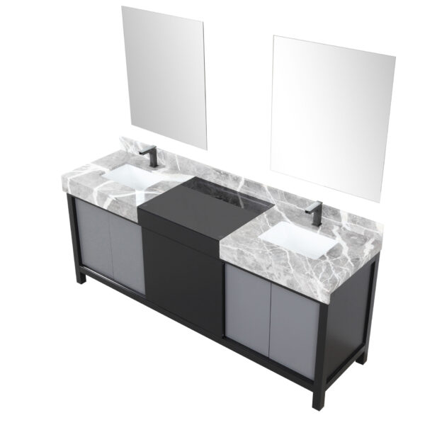 Zilara 80W x 22D Black and Grey Double Bath Vanity, Castle Grey Marble Top, Gun Metal Faucet Set and 30Mirrors