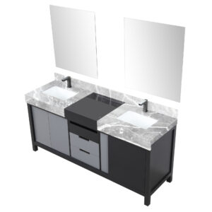 Zilara 72W x 22D Black and Grey Double Bath Vanity, Castle Grey Marble Top, Gun Metal Faucet Set and 28Mirrors