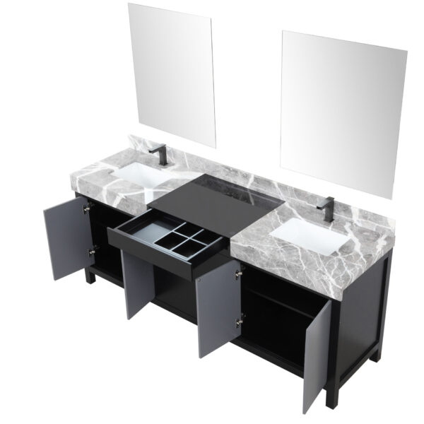 Zilara 80W x 22D Black and Grey Double Bath Vanity, Castle Grey Marble Top, Gun Metal Faucet Set and 30Mirrors