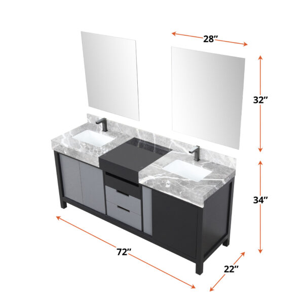 Zilara 72W x 22D Black and Grey Double Bath Vanity, Castle Grey Marble Top, Gun Metal Faucet Set and 28Mirrors