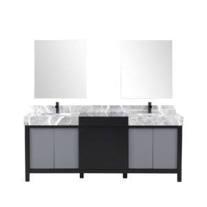 Zilara 80W x 22D Black and Grey Double Bath Vanity, Castle Grey Marble Top, Matte Black Faucet Set and 30Mirrors