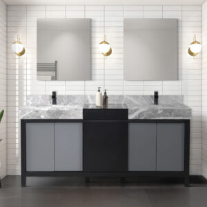 Zilara 72W x 22D Black and Grey Double Bath Vanity, Castle Grey Marble Top and Matte Black Faucet Set