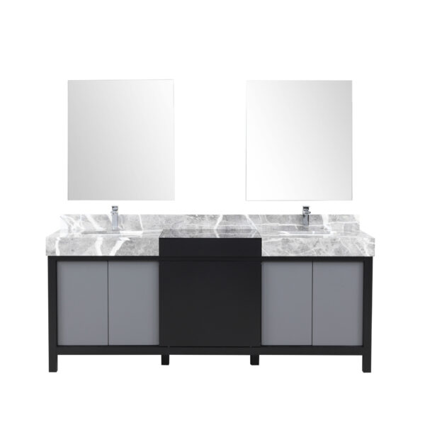 Zilara 80W x 22D Black and Grey Double Bath Vanity, Castle Grey Marble Top, Chrome Faucet Set and 30Mirrors