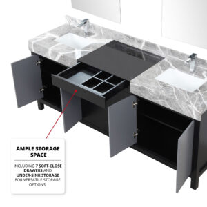 Zilara 80W x 22D Black and Grey Double Bath Vanity, Castle Grey Marble Top and Chrome Faucet Set