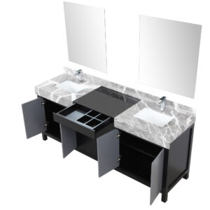 Zilara 80W x 22D Black and Grey Double Bath Vanity, Castle Grey Marble Top, Chrome Faucet Set and 30Mirrors