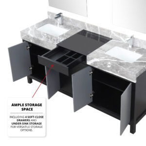 Zilara 72W x 22D Black and Grey Double Bath Vanity, Castle Grey Marble Top and Chrome Faucet Set