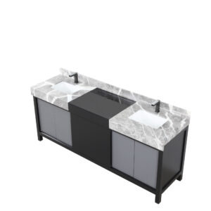 Zilara 80W x 22D Black and Grey Double Bath Vanity, Castle Grey Marble Top and Gun Metal Faucet Set