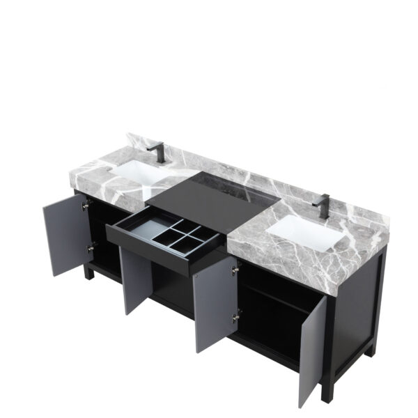 Zilara 80W x 22D Black and Grey Double Bath Vanity, Castle Grey Marble Top and Gun Metal Faucet Set