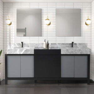 Zilara 80W x 22D Black and Grey Double Bath Vanity, Castle Grey Marble Top and Gun Metal Faucet Set