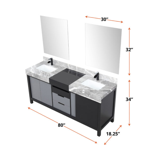 Zilara 80W x 22D Black and Grey Double Bath Vanity, Castle Grey Marble Top, Matte Black Faucet Set and 30Mirrors