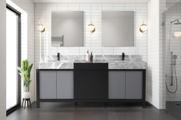 Zilara 80W x 22D Black and Grey Double Bath Vanity and Castle Grey Marble Top