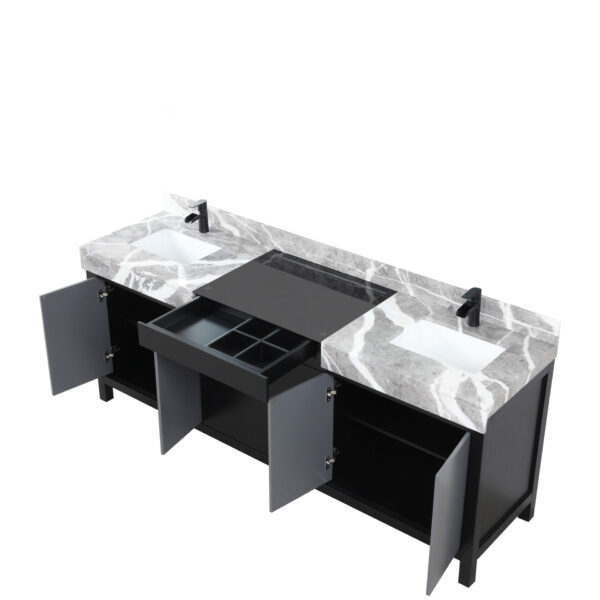 Zilara 84W x 22D Black and Grey Double Bath Vanity, Castle Grey Marble Top and Matte Black Faucet Set