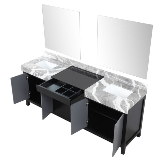 Zilara 84W x 22D Black and Grey Double Bath Vanity, Castle Grey Marble Top and 34Mirrors