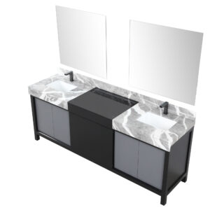 Zilara 84W x 22D Black and Grey Double Bath Vanity, Castle Grey Marble Top, Gun Metal Faucet Set and 34Mirrors