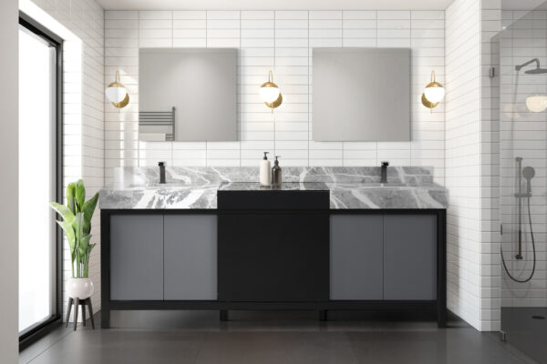 Zilara 84W x 22D Black and Grey Double Bath Vanity, Castle Grey Marble Top and Gun Metal Faucet Set