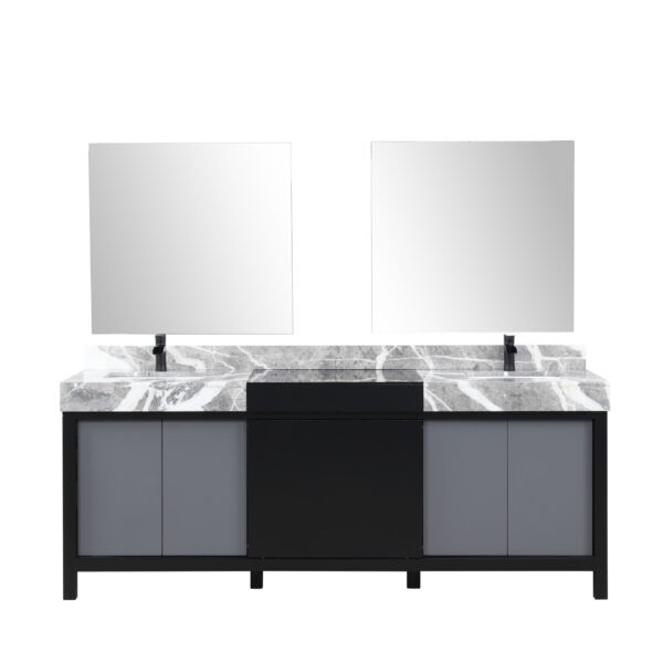 Zilara 84W x 22D Black and Grey Double Bath Vanity, Castle Grey Marble Top, Matte Black Faucet Set and 34Mirrors