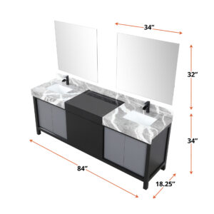 Zilara 84W x 22D Black and Grey Double Bath Vanity, Castle Grey Marble Top, Matte Black Faucet Set and 34Mirrors