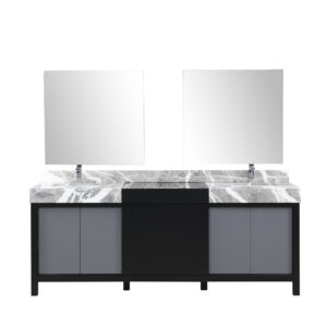 Zilara 84W x 22D Black and Grey Double Bath Vanity, Castle Grey Marble Top, Chrome Faucet Set and 34Mirrors