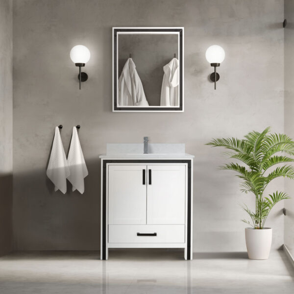 Ziva 30W x 22D White Bath Vanity, White Quartz Top, Faucet Set and 28Mirror