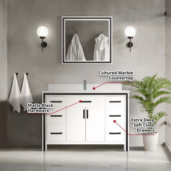 Ziva 48W x 22D White Bath Vanity and 34Mirror