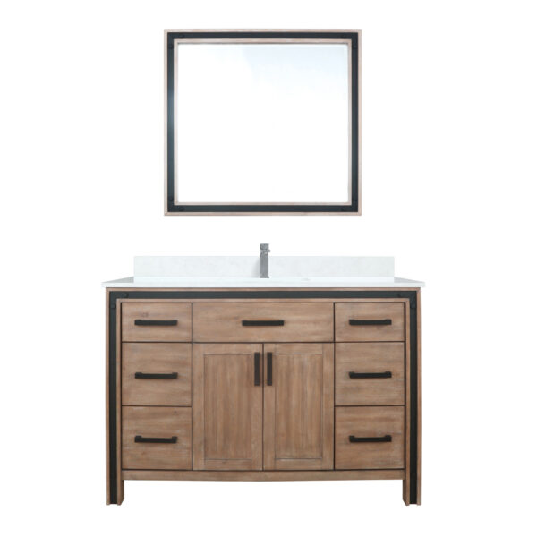 Ziva 48W x 22D Rustic Barnwood Bath Vanity, Cultured Marble Top, Faucet Set and 34Mirror