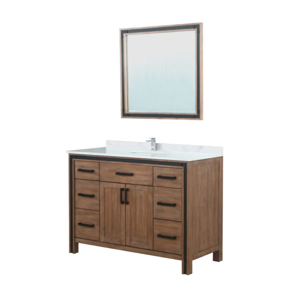 Ziva 48W x 22D Rustic Barnwood Bath Vanity, White Quartz Top, Faucet Set and 34Mirror