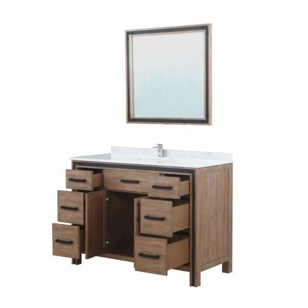 Ziva 48W x 22D Rustic Barnwood Bath Vanity, White Quartz Top, Faucet Set and 34Mirror