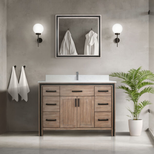 Ziva 48W x 22D Rustic Barnwood Bath Vanity, White Quartz Top, Faucet Set and 34Mirror